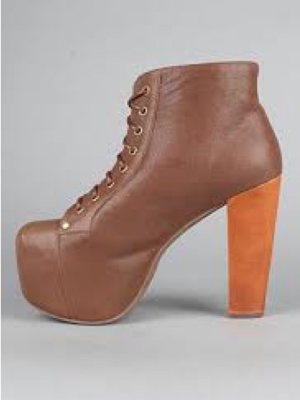 JEFFREY CAMPBELL The Lita Brown Leather Platform Ankle Boot Block Heel 8 Shoes